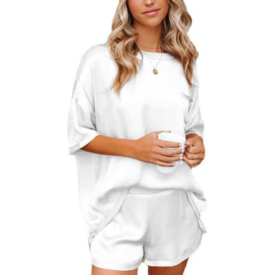 Pyjama d'été en satin de couleur unie pour femme, service à domicile, short à manches courtes, costume irrégulier en deux pièces S blanc