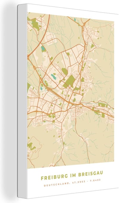 Canvas Schilderij Freiburg im Breisgau - Kaart - Stadskaart - Vintage - Plattegrond - 20x30 cm - Wanddecoratie