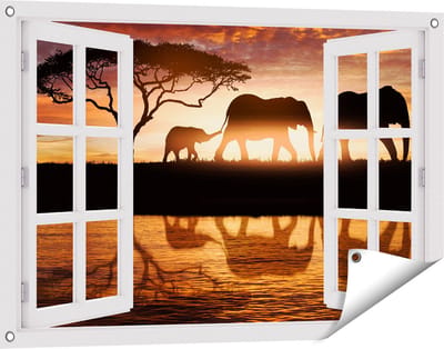 Gards Tuinposter Doorkijk Schotse Hooglander Koe in de Bergen - 90x60 cm - Tuindoek - Tuindecoratie - Wanddecoratie buiten - Tuinschilderij