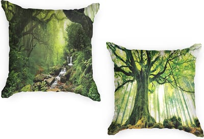 Kussenhoes 45x45 cm Set van 2 Buitenkussens Waterbestendig - Wasbaar - Natuur Waterval Bos Planten - Zonder Kussenvulling - Sierkussens - Ulticool - Kussenhoesjes – Buiten Tuinkussens Decoratie Loungeset Tuinset Palletbank Palletkussenset - Groen
