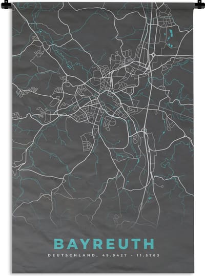 Wandkleed - Wanddoek - Duitsland – Blauw – Bayreuth – Stadskaart – Kaart – Plattegrond - 120x180 cm - Wandtapijt