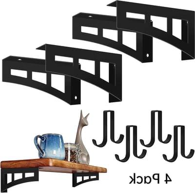 Set van 4 Zwarte Wandplank Houders met 4 Haken, Onzichtbare Hoekverbindingen voor Rustieke en Industriële Planken, Ideaal voor DIY Projecten