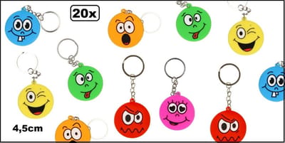 20x Sleutelhanger emoji 4,5 cm assortie - Sleutel hanger emoticon uitdeel themafeest verjaardag emoji fun