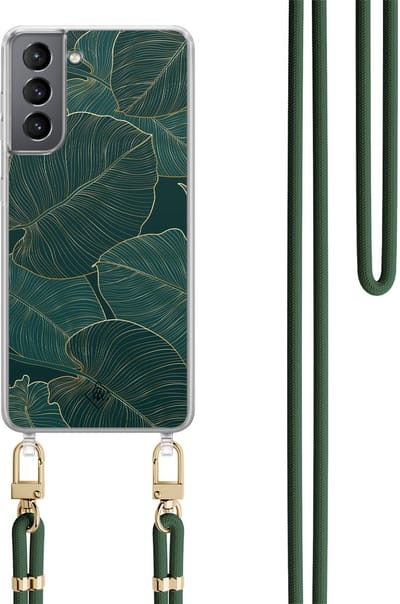 Casimoda® hoesje met groen koord - Geschikt voor Samsung S21 Plus - Monstera Leaves - Afneembaar koord - TPU/polycarbonaat - Groen