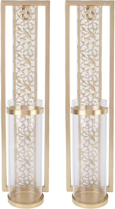 Wandkaarsenhouder Set - Met Glas - Sfeervolle Decoratie - Hollow Metal Design - 40cm Hoog - Zwart Goud