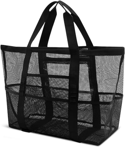 Grote Vouwbare Strandtas met Mesh, Meerdere Vakken en Waterdichte Rits voor Zand Speelgoed, Perfect voor Strand, Vakantie en Gym