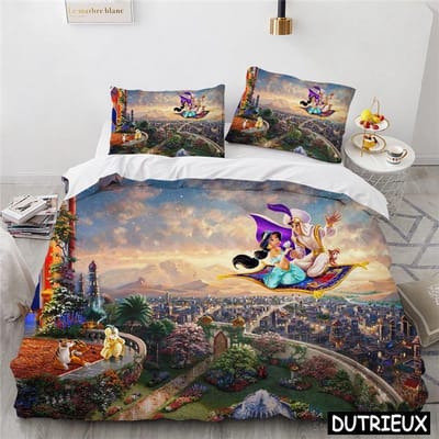 Collection de Literie Film d'Animation 3D Aladdin Jasmine Princesse Disney Housse de Couette Collection 3 Pièces Housse de Couette et Taie d'Oreiller Textile de Maison Cadeau AU Double(180x210cm)