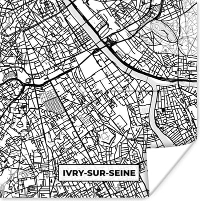 Poster Kaart - Stadskaart - Frankrijk - Plattegrond - Ivry-sur-Seine - Zwart wit - 100x100 cm XXL