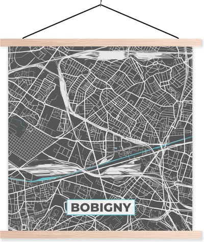 Posterhanger incl. Poster 40x40 cm - Schoolplaat - Plattegrond – Bobigny – Stadskaart – Kaart – Frankrijk - Textielposter - Blanke latten - Stadskaart