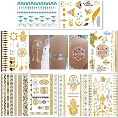 Gouden en Zilveren Tijdelijke Tattoos voor Vrouwen en Tieners - 8 Vellen Waterproof Shimmer Glitter Designs - 100+ Kleuren Stickers voor Feestjes en Festivals