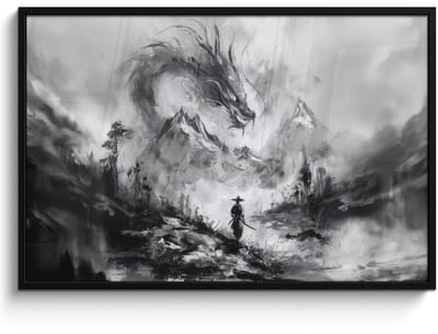 Poster in lijst - Fotolijst 120x80 cm - Posters - Krijger - Draak - Grijs - Posterlijst zwart - Decoratie - Wanddecoratie woonkamer - Muurdecoratie slaapkamer