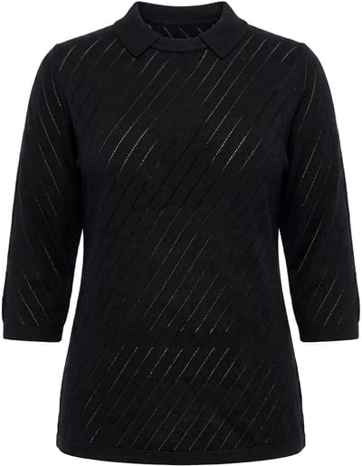 Ulla Popken - Dames - Trui gestreepte structuur ronde hals polokraag - Zwart - Maat 46+