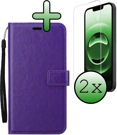 Hoesje Met 2x Screenprotector - Geschikt voor Apple iPhone 16e - Luxe Pasjeshouder - Bookcase Portemonee - Flip Case - Kunstleer Book Case - Flipcase Hoes - Book Cover - Walletcase - Portemonneehoes - Paars