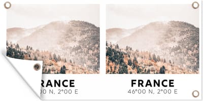 Schuttingposter Frankrijk - Bos - Bergen - Mist - 200x100 cm - Tuindoek