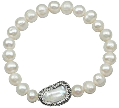 Zoetwater parel armband Bling Biwa Pearl - echte parels - wit - zwart - stras stenen - glitter - elastisch - luxe sieraden doosje - parel armband dames - zoetwaterparel - wit parel armband