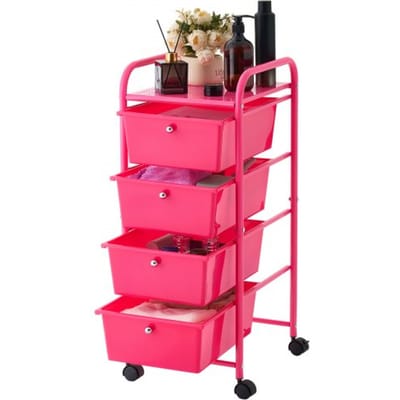 VEVOR Rolwagen met 4 Laden, 330x390x815 mm, Rozerood, Metalen Frame, Plank, Handgrepen, Zwenkwielen met 2 Remmen, Mobiele Opbergwagen voor Kantoor, Werkplaats, Klaslokaal