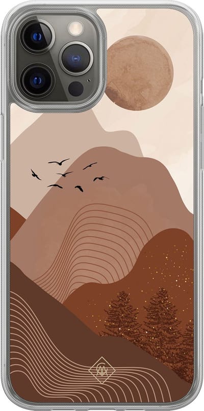 Casimoda® hoesje - Geschikt voor iPhone 12 Pro - Mountain Birds - 2-in-1 case - Schokbestendig - Illustratie - Verhoogde randen - Bruin/beige, Transparant