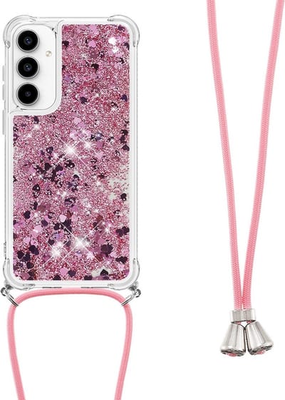 Coverup Hoesje - Geschikt voor Samsung Galaxy A35 Hoesje - Coverup Liquid Glitter Back Cover met Koord - Rose Gold