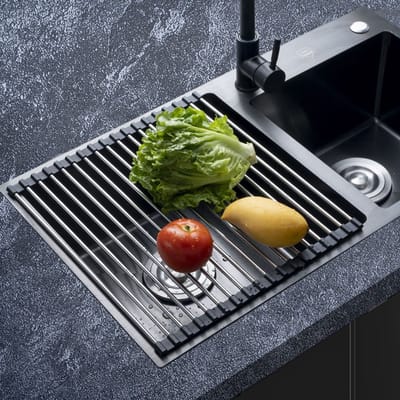 Afdruiprek voor servies, opvouwbaar en afneembaar afdruiprek boven de gootsteen, afdruipmat, afdruiprooster, gootsteen voor kopjes, fruit, groenten, super keukenorganizer (zwart, 47 x 34 cm)