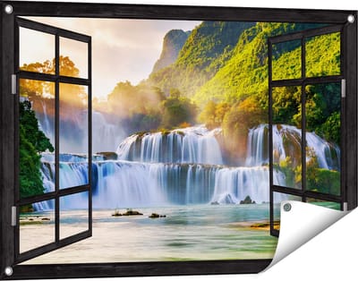 Gards Tuinposter Doorkijk Watervallen tussen de Bomen - 90x60 cm - Tuindoek - Tuindecoratie - Wanddecoratie buiten - Tuinschilderij
