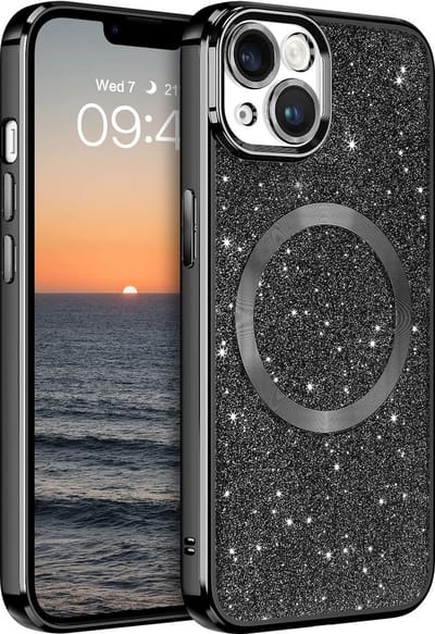 Hoesje Geschikt voor iPhone 15 Magsafe hoesje Zwart - Lens beschermer glitter backcover