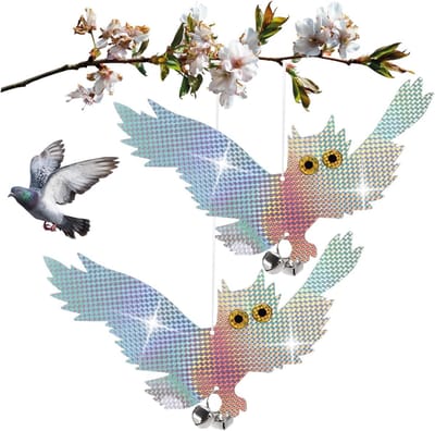 2x Kunstmatige Uil - Diervriendelijke Vogelverschrikker - Hangende Kunstmatige Roofvogel - Vliegend met Bel en Reflecterend Blad (2 stuks - Uil)