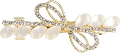 Haarsoires Haarspeld Patentspeld 6cm - Strik – Metaal – Parel & Strass Stenen – Goud Crème - Haarspelden voor Dames - Haarklem - Haarclip - Haaraccessoires - Hair Clip - Decoratieve Haaraccessoire