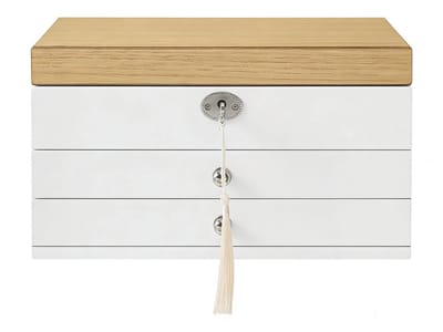 Sieradendoos opbergdoos 17 x 25 x 15 cm, wit+naturel met 3 lagen en grote spiegel, kan worden afgesloten voor privacy, geschikt voor het opbergen van ringen, oorbellen, armbanden en kettingen
