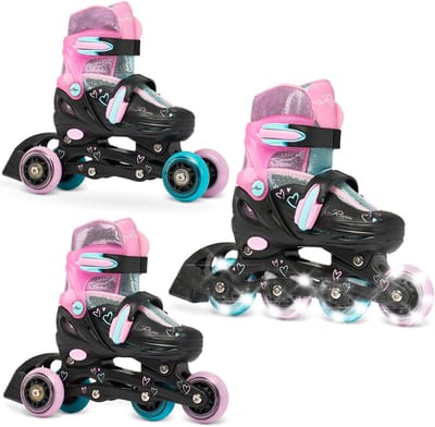 RAVEN Loret Glitter 3-in-1 Verstelbare Skeelers Lichtgevende Wielen LED 34-37 Zwart/Mintgroen/Roze