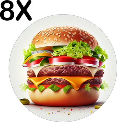 Luxe Ronde Placemat - Heerlijke Hamburger op Lichte Achtergrond - Set van 8 Placemats - 50x50 cm - 2 mm dik Vinyl - Anti Slip - Afneembaar