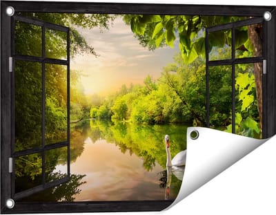 Gards Tuinposter Doorkijk Zwaan op het Water in het Bos - 60x40 cm - Tuindoek - Tuindecoratie - Wanddecoratie buiten - Tuinschilderij