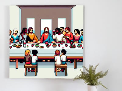 Pixel art laatste avondmaal schilderij | De digitale versmelting van iconische religieuze scène: Pixelated Laatste Avondmaal | Kunst - 100x100 centimeter op Canvas | Foto op Canvas