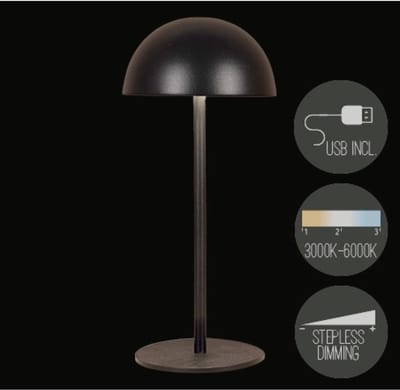 Anna's Collection tafellamp USB zwart LED oplaadbaar dimbaar 9,5x22cm.