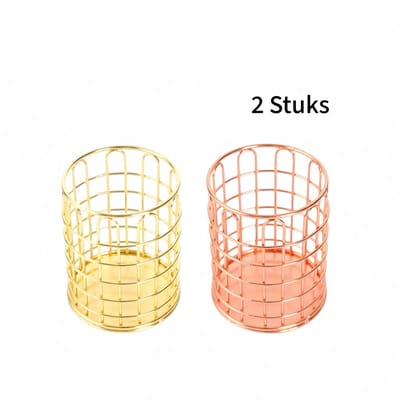 2 stuks - metalen mesh organizer voor make-up penselen - roestvrij en stabiel op het bureau - kantoor en make-up tafel - goud/roségoud - opengewerkt ontwerp - multicolor