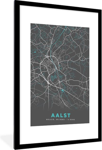 Fotolijst incl. Poster - Plattegrond – Aalst – Blauw – Stadskaart - Kaart - 60x90 cm - Posterlijst