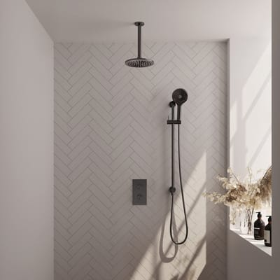 Brauer Gunmetal Edition thermostatische inbouw regendouche 3-weg omstelling SET 47 met 20 cm douchekop en plafondarm en 3-standen handdouche en doucheslang en geïntegreerde glijstang gunmetal geborsteld PVD