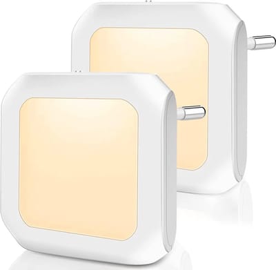 Twee LED-nachtlampjes, met stekker, dimbaar warm wit licht, met lichtsensor, geschikt voor trappen, slaapkamers en gangen.