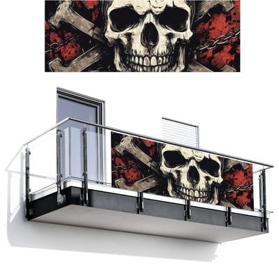Balkonscherm 300x110 cm - Balkonposter Schedel - Kettingen - Rood - Balkon scherm decoratie - Balkonschermen - Balkondoek zonnescherm