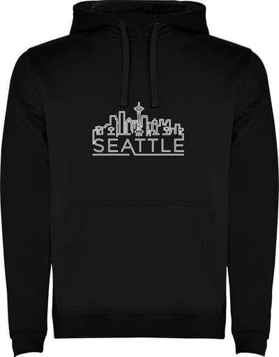 Zwarte unisex hoodie met “ Skyline Seattle – Vakantiegevoel – Strak – Modern “ Print Full Color Color merk Roly maat S