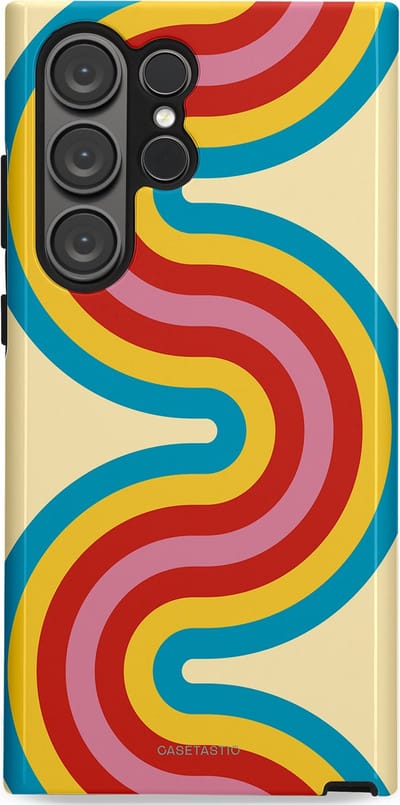 Casetastic hoesje geschikt voor Samsung Galaxy S23 Ultra - Dubbellaagse bescherming - Retro kronkels - Fashion Case - Crème Lichtblauw Goud Rood