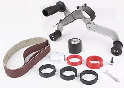 Dailygoods- Pijpschuurmachine 125 mm - Accessoires voor Haakse Slijper - 3 Schuurbanden 40x760 mm - Gietijzer/Aluminium - Ergonomisch Ontwerp - Veelzijdig Gebruik - Buisbandschuurmachine