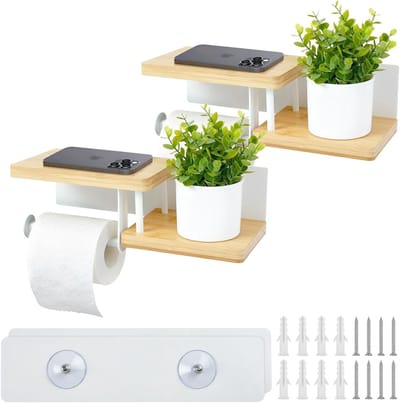 Bamboe Toiletpapierhouder met Plank | Zelfklevend of Voor Bevestiging | Wit Toiletpapierhouder voor Badkamer, Keuken en Toilet | 30×12×8 cm | Duurzaam, Functioneel en Stijlvol