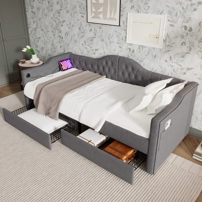 Sweiko Zacht Kussenbed, Slaapbank, Opbergbed met USB C-type Oplaadfunctie bedframe en 2 90x190cm Grijze linnenlades (zonder matras)