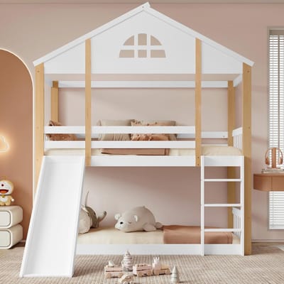Kinderbed met glijbaan - Stapelbed huisje - Spelen en slapen - Massief houten frame - 90 x 200 cm