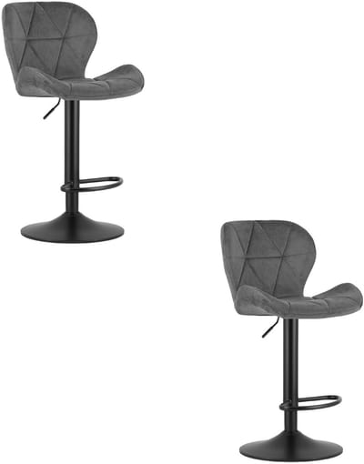 Set van 2 Barkrukken WEST – Velvet Grijs, Zwarte Basis, Rugleuning, Verstelbare Hoogte, 360° Draaibaar, Comfortabele Voetsteun, Antislip Onderstel, Modern Design, Max. 110 kg