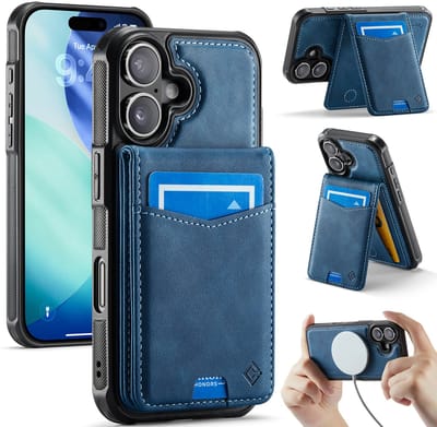 Casemania Hoesje Geschikt voor Apple iPhone 17 - Navy Blue - Geschikt voor MagSafe - Back Cover met Afneembare Magnetische Pasjeshouder met Standaard - Telefoonhoesje en Kaarthouder
