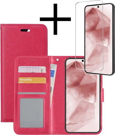Hoesje - Met Screenprotector - Geschikt voor Samsung Galaxy A55 - Luxe Pasjeshouder - Bookcase Portemonee - Flip Case - Kunstleer Book Case - Flipcase - Book Cover - Walletcase - Portemonneehoes - Donkerroze