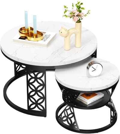 REDOM Salontafel Set van 2 – Ronde Salontafel Marmerlook – Moderne Nesting Salontafel – Woonkamer Tafel / Bijzettafel – Stevig Metalen Frame – Ruimtebesparend Design – Wit/Zwart