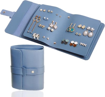 Sieradentas voor reizen - Opvouwbare oorbelopslag en sieradenorganizer - Blauwe PU-leer tas