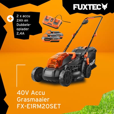 Accu grasmaaier 40V (2X20V) - FUXTEC FX-E1RM20 - breedte 33cm 2 accu's Li-Ion 2Ah, dubbele lader 2,4A, vultrechter 35L